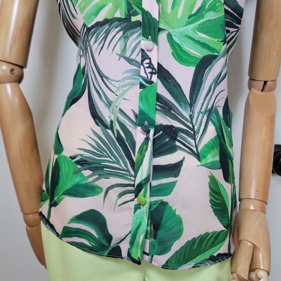 Alice + Olivia Tropical Leaf Print Resortwear Beach Summer Silk Blouse Size XL/L - Picture 3 of 13